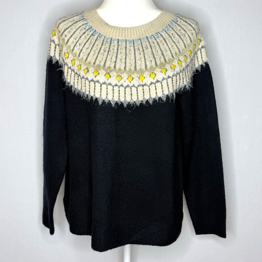Style & Co. Black and Cream Crew Neck Sweater with Fair Isle Pattern